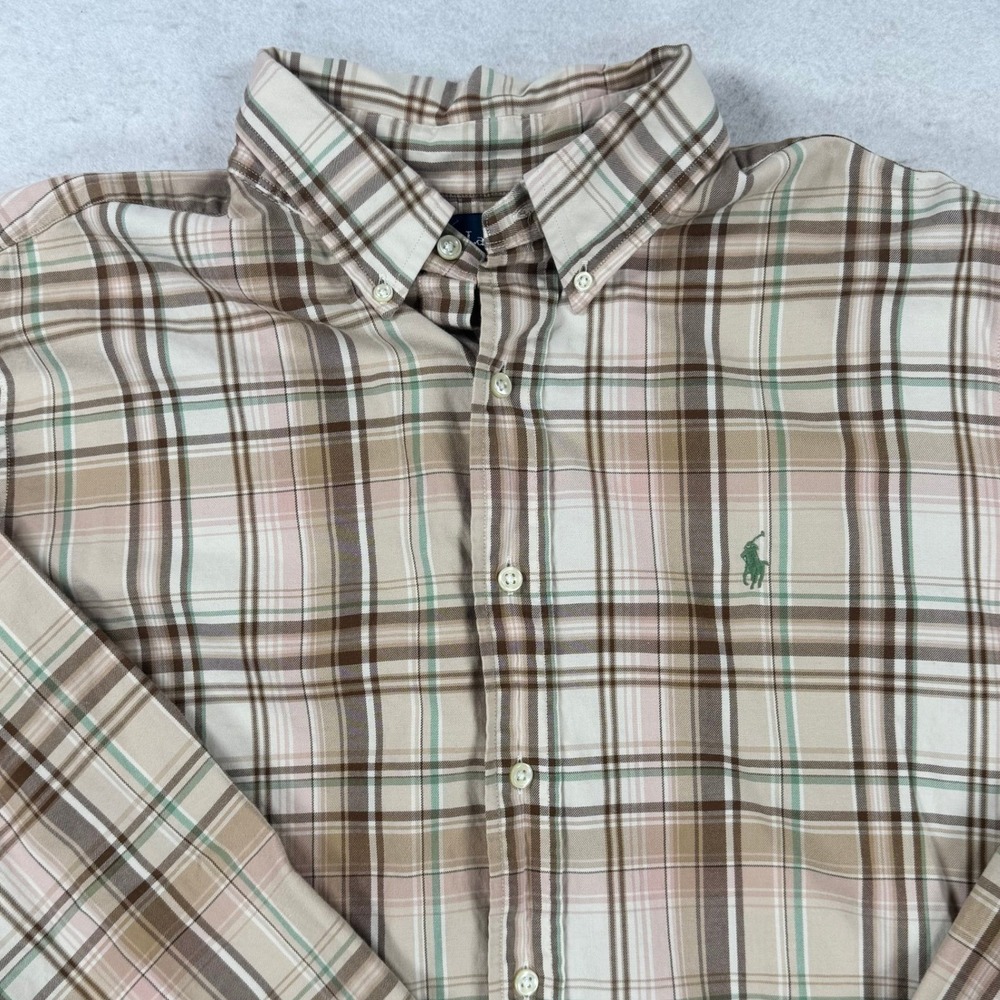 Ralph Lauren Classic Fit Plaid Button Down Shirt Mens XL Tan Brown Green Pony